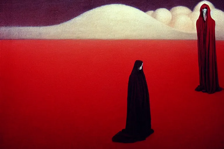 Image similar to king of dreams, sandman, gareth pugh aw 2 0 1 1, in hoc signo vinces, vatican in background, cloud of sand, dreaming, in the style of beksinski, part by hopper, part by rodcenko, part by hofbauer, intricate composition, red by caravaggio, insanely quality, highly detailed, masterpiece, red light, artstation