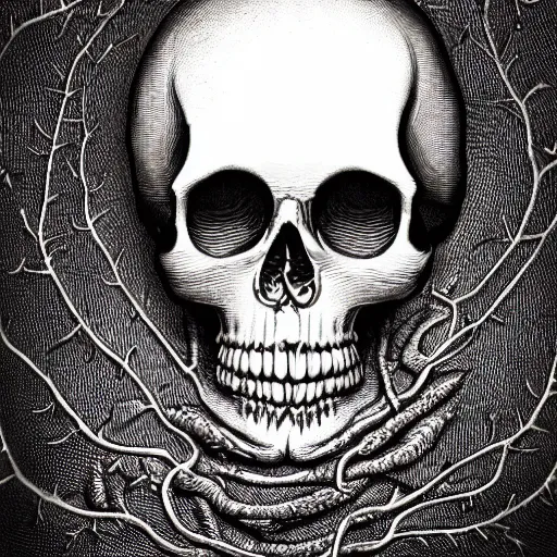 Image similar to chiaroscuro baroque still life photo of golden skull engraved in secret ancient rune messages and writing, with an ivy vine growing out of right eye socket. dark ominous background.