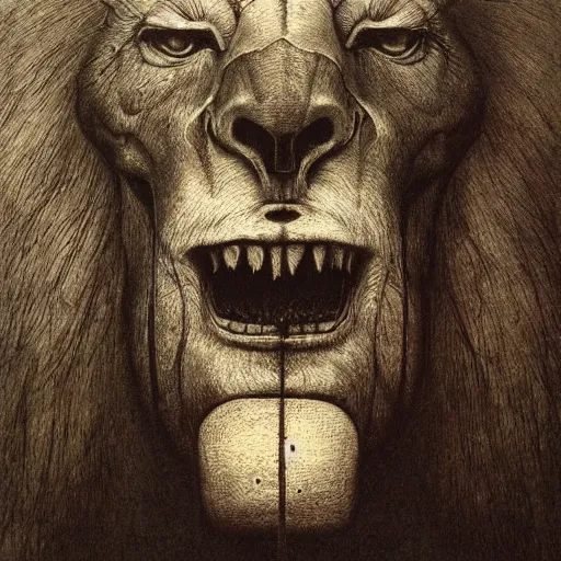 Image similar to monster with with four faces : man, lion, eagle, bull. drawn by zdzislaw beksinski