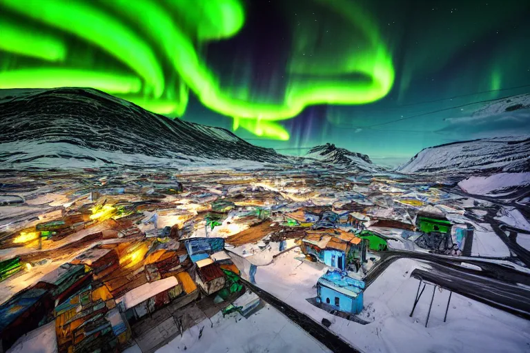 Prompt: favela winding cybernetic thrill ride, snowy arctic environment, blooms, industrial factory, bright, aurora borealis, award winning art, epic dreamlike fantasy landscape, ultra realistic,