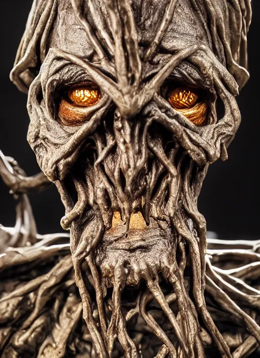 Image similar to photo taken of an epic intricate, ultra detailed, super realistic sculpture of a nightmarish hellish demonic hooded grim reaper sculpture on display in a workshop, created by weta workshop, full body shots, photorealistic, sharp focus, f 0. 4, face centred, macro photography, golden ratio, golden hour
