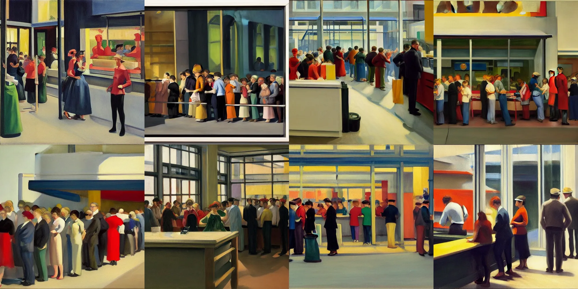 Prompt: people waiting in line at the cash register at IKEA, Edward Hopper, oil painting