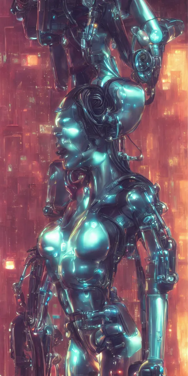 Image similar to beauty Blade Runner woman, robotic, cyberpunk, neon laser eyes, lots of cables and wiring, electrical details, trending on artstation, by Hajime Sorayama and Boris Vallejo