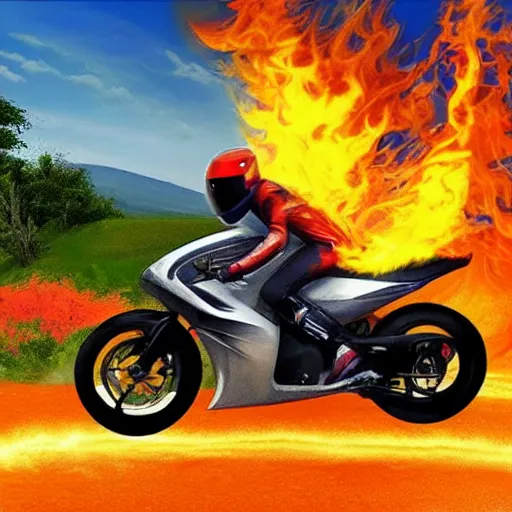 Image similar to new aesthetic and fast motorcycle. Flaming roads. photo realistic. high details. race. hyper realistic. oil painting