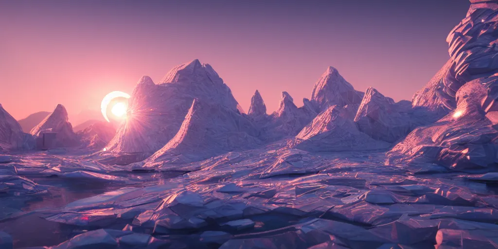 Image similar to futuristic reflective ice city, sunset glowing off a mountain in background, busy waves, ray tracing, refractive, planet in the sky, award winning, trending on artstation, digital art. highly detailed 8 k. intricate. lifelike. soft light. nikon d 8 5 0.