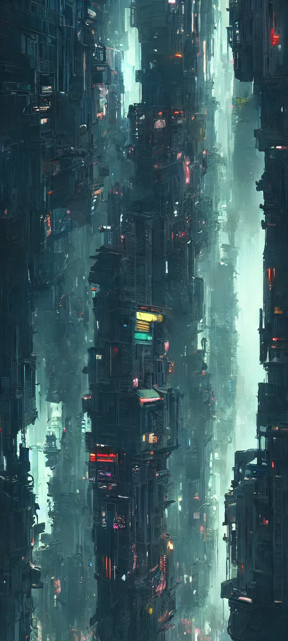 Image similar to A painting of a Vertical Cyberpunk City trending on artstation in the style of Greg Rutkowski