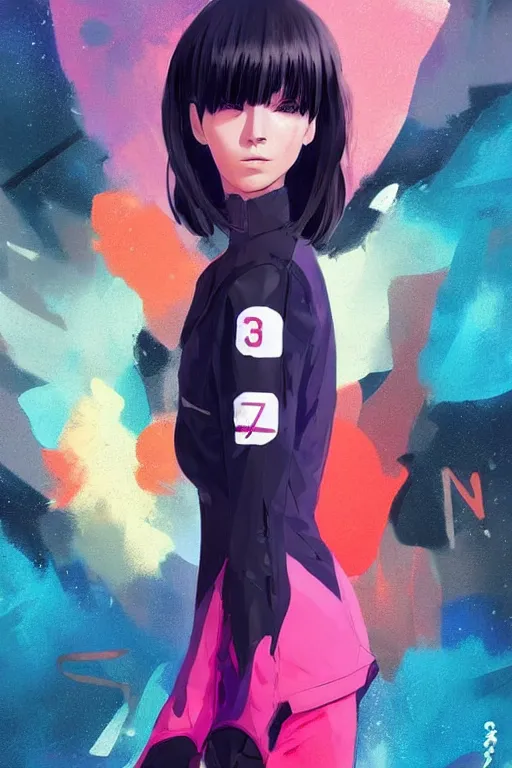 Image similar to poster woman with futuristic streetwear and hairstyle, colourful, model face, cute face, pretty face, 3/4 portrait, Galaxy eyes, beautiful, elegant, Anime by Kuvshinov Ilya, Cushart Krentz and Gilleard James, 4k, HDR, Trending on artstation, Behance, Pinterest, award winning