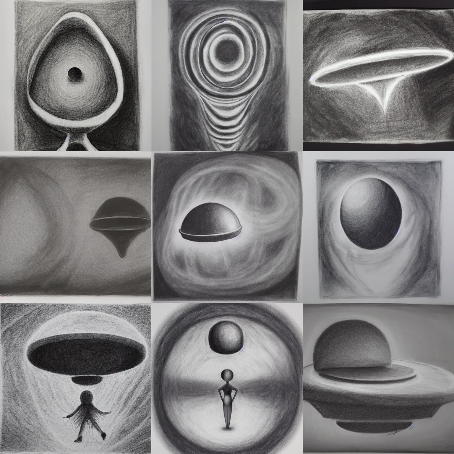 Image similar to Dimension Shift, UFO, reversal of roles, charcoal on paper