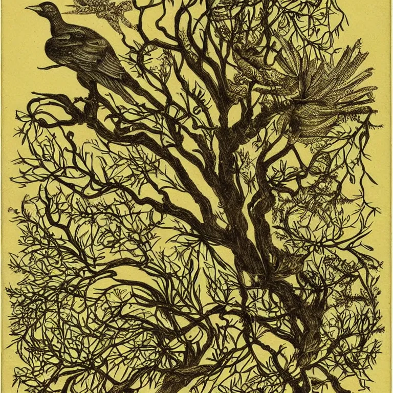 Prompt: bird in a mysterious forest , by ernst haeckel :: pyrography :: very beautiful! dreamy, poetic, melancholy