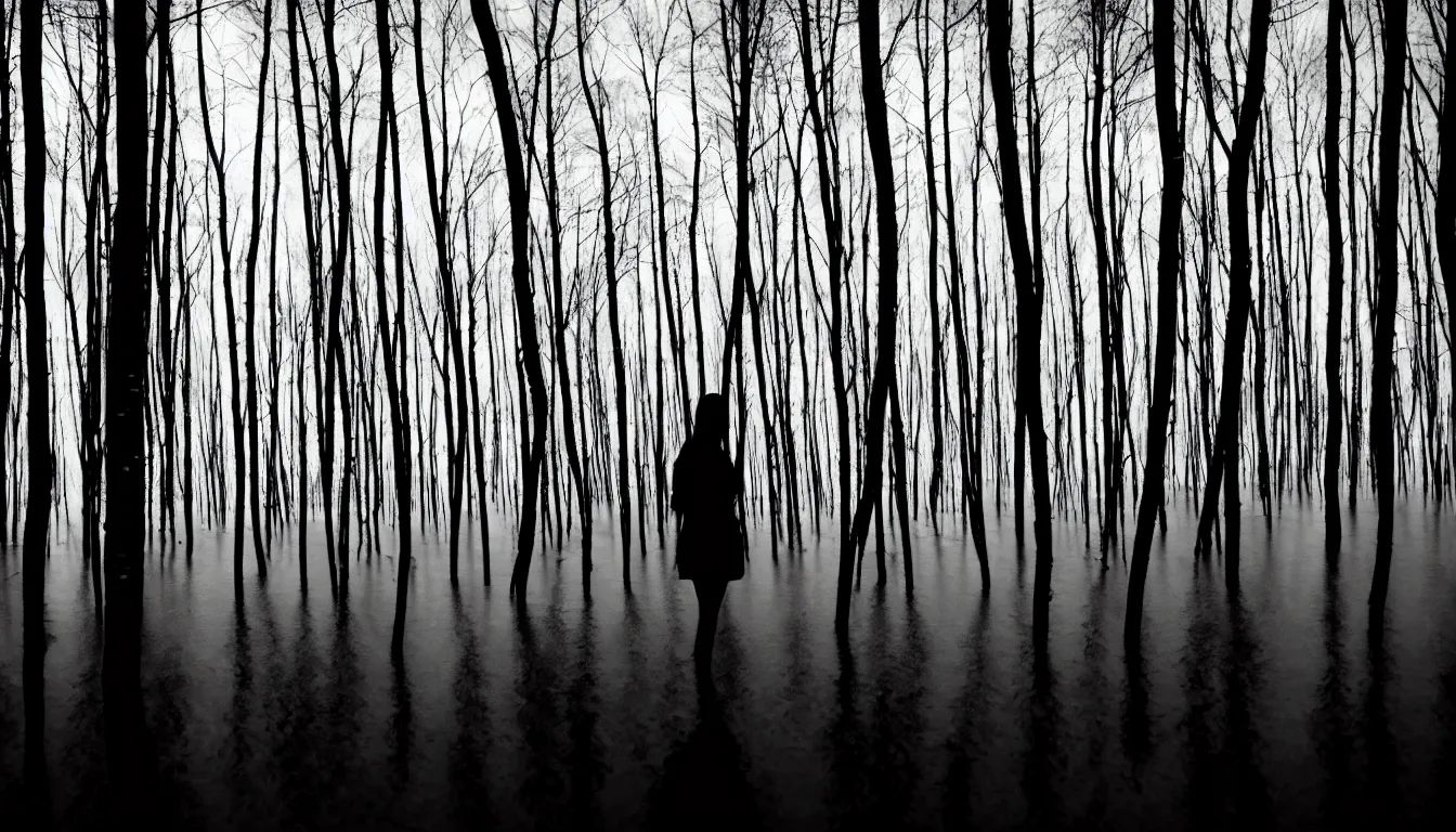 Image similar to silhouette of a person in wavy flood thin birch swamp, scary, dark, atmospheric, ambient vibe, very detailed, 8 k