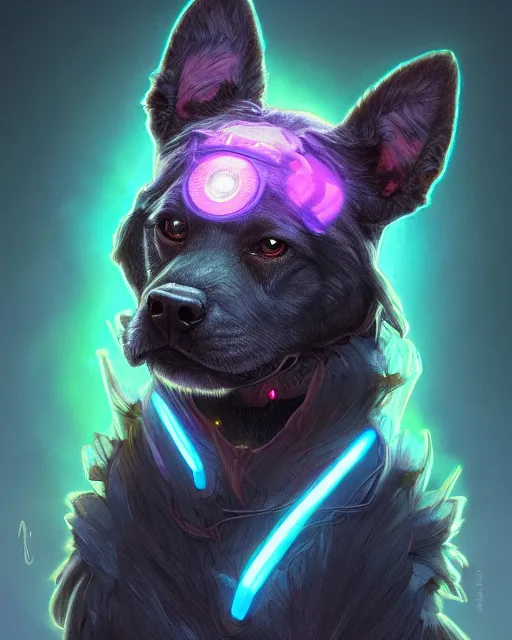 Image similar to one singular portrait of a cute bioluminescent dog-man, highly detailed, digital painting, cinematic, hyper realism, dark retrowave, art by Stanley Lau and Artgerm and magali villeneuve and Alphonse Mucha, artstation, octane render, cgsociety