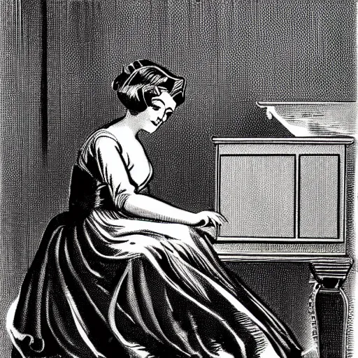 Image similar to vintage ship woman sitting in an piano, retro cartoon