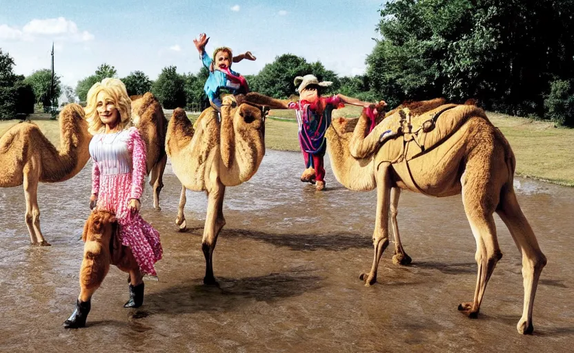Image similar to Dolly Parton and scooby doo riding camels in Slough. walking on water, photorealistic