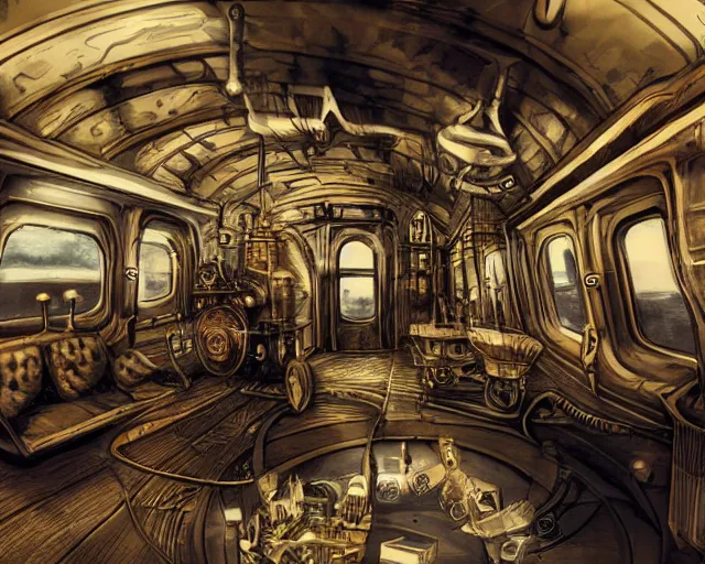 Prompt: steampunk train in space, Style of Ian Hubert