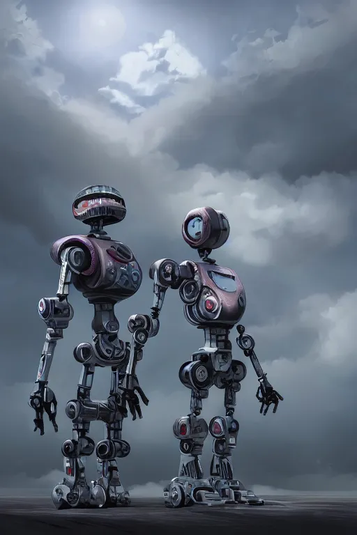 Prompt: Little brother robot and sister robot standing in a front of and looking up to the gigantic robot\'s memorial whose head is almost hidden in the clouds. 4K digital 3D paint. Trending on ArtStation. Concept art. Award-winning.