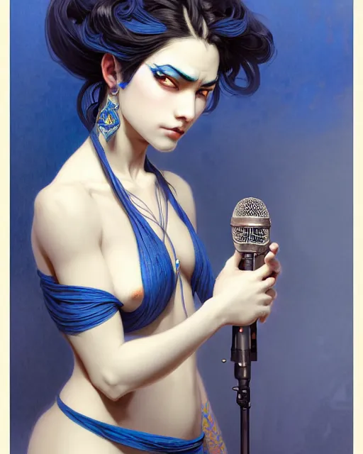 Prompt: portrait of a blue no gender djinn with a microphone, genshin impact, fantasy magic, dark light night, intricate, elegant, sharp focus, illustration, highly detailed, concept art, matte, art by wlop and artgerm and greg rutkowski and alphonse mucha and kidmo, anime, trending on artstation