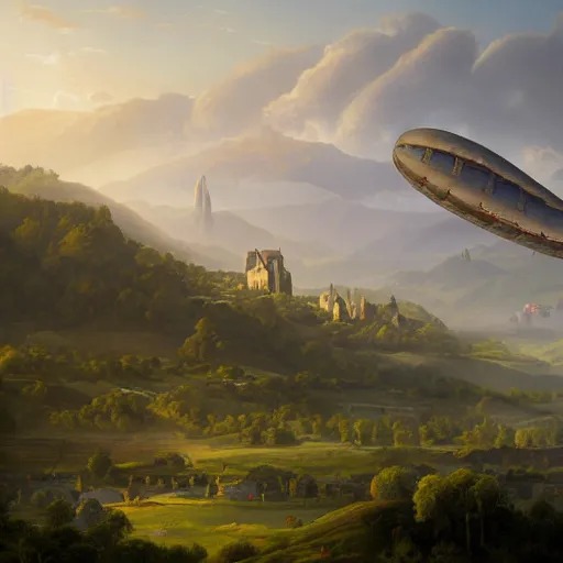 Prompt: Vast verdant valley surrounded by Transylvanian mountains, with a large zeppelin hovering in the foreground, and a ruined medieval castle on the hillside in the background. No villages. Late evening light in the summer, gloomy weather. Hyperrealistic, high quality, sharp, highly detailed, peter mohrbacher, ansel adams.