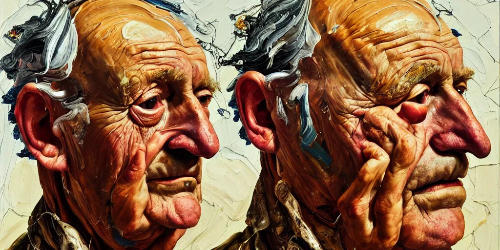 Image similar to a head and shoulders portrait a very ordinary old man with an sad expression, side angle, by Lucian Freud and Jenny Saville and Anselm Kiefer, oil painting, rust, Scaffolding, sunflowers, anatomically correct, beautiful perfect face, visible brushstrokes, sharp focus, Highly Detailed, Cinematic Lighting, 8k, HD