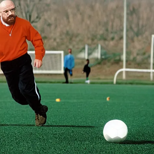 Prompt: walter white playing football soccer, sport photography