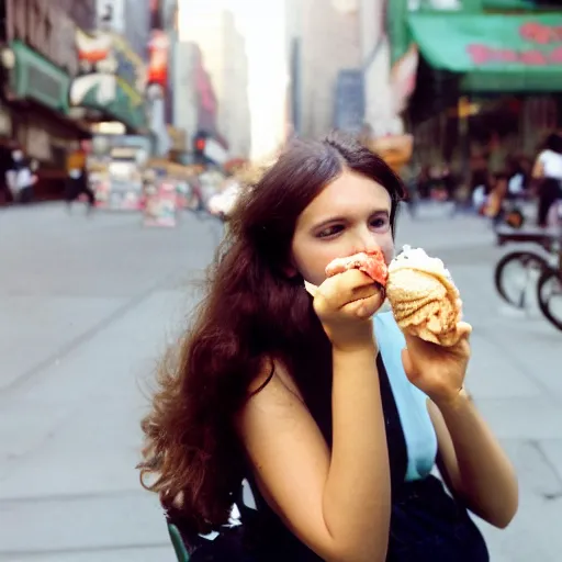 Image similar to a film photo of a young brunette woman, 26, eating ice cream cone on a hot summer's day in New York City