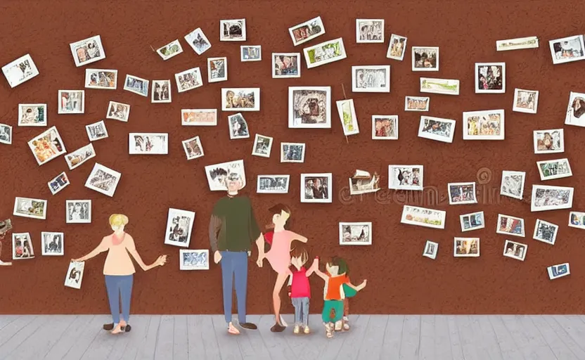 Image similar to story book illustration of a wall with family pictures, brown colors