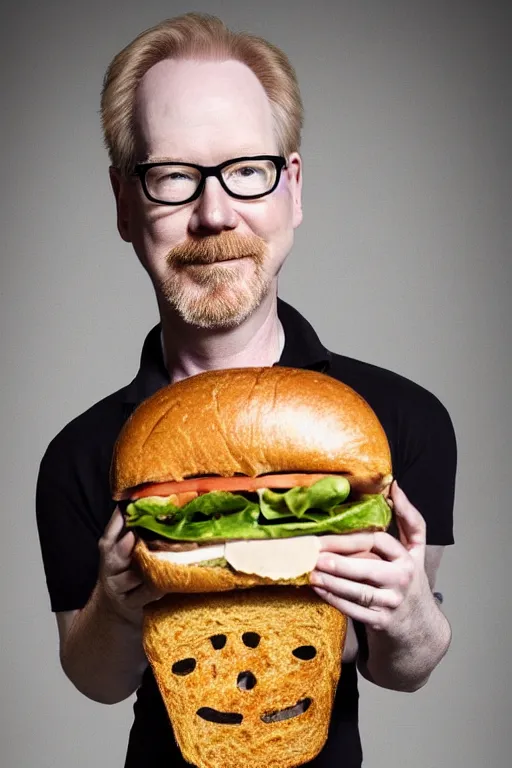 Image similar to 📷 portrait of adam savage with a sandwich head, food head, still image, high resolution, 4 k