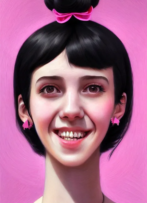 Image similar to portrait of high school girl, realistic, black hair, bangs, half updo hairstyle, pointy nose, skinny, smile, ugly, defined jawline, big chin, pink hair bow, earrings, intricate, elegant, glowing lights, highly detailed, digital painting, artstation, sharp focus, illustration, art by wlop, mars ravelo and greg rutkowski