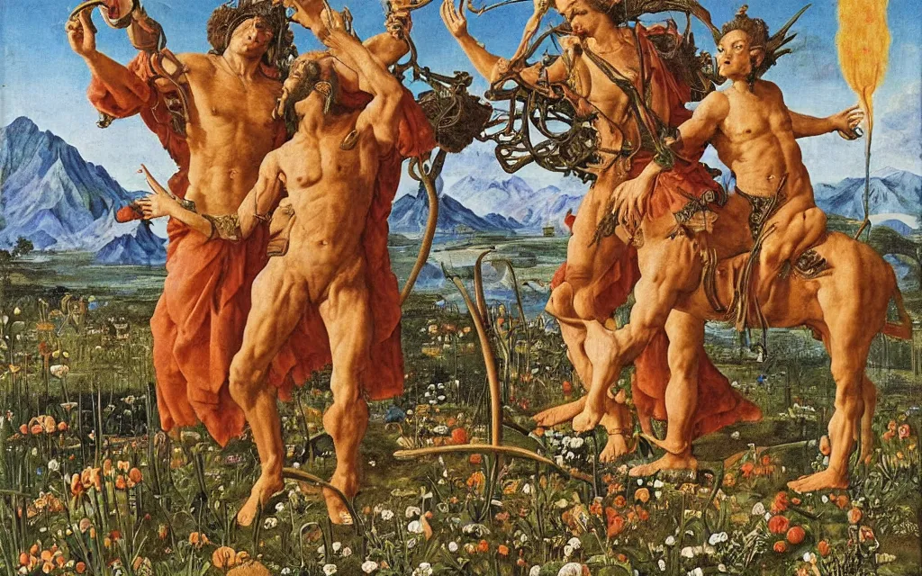 Image similar to a portrait photograph of a meditating satyr and a centaur monk riding a rocket machine and hunting at a river delta. surrounded by bulbous flowers and trees. mountain range under a blue sky of fiery stars. by jan van eyck, max ernst, ernst haeckel, ernst fuchs and artgerm, cgsociety, fashion editorial, 8 k