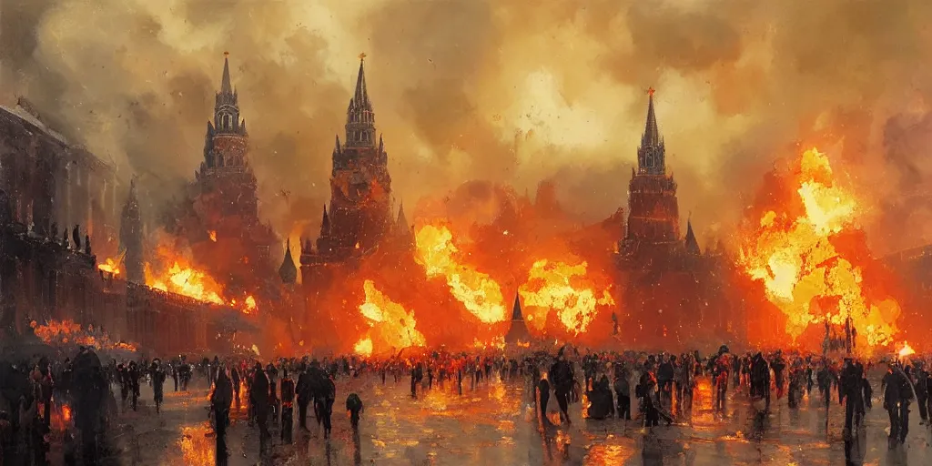 Prompt: Painting by Greg Rutkowski, Fire and explosions on Red Square and the Kremlin H 1024