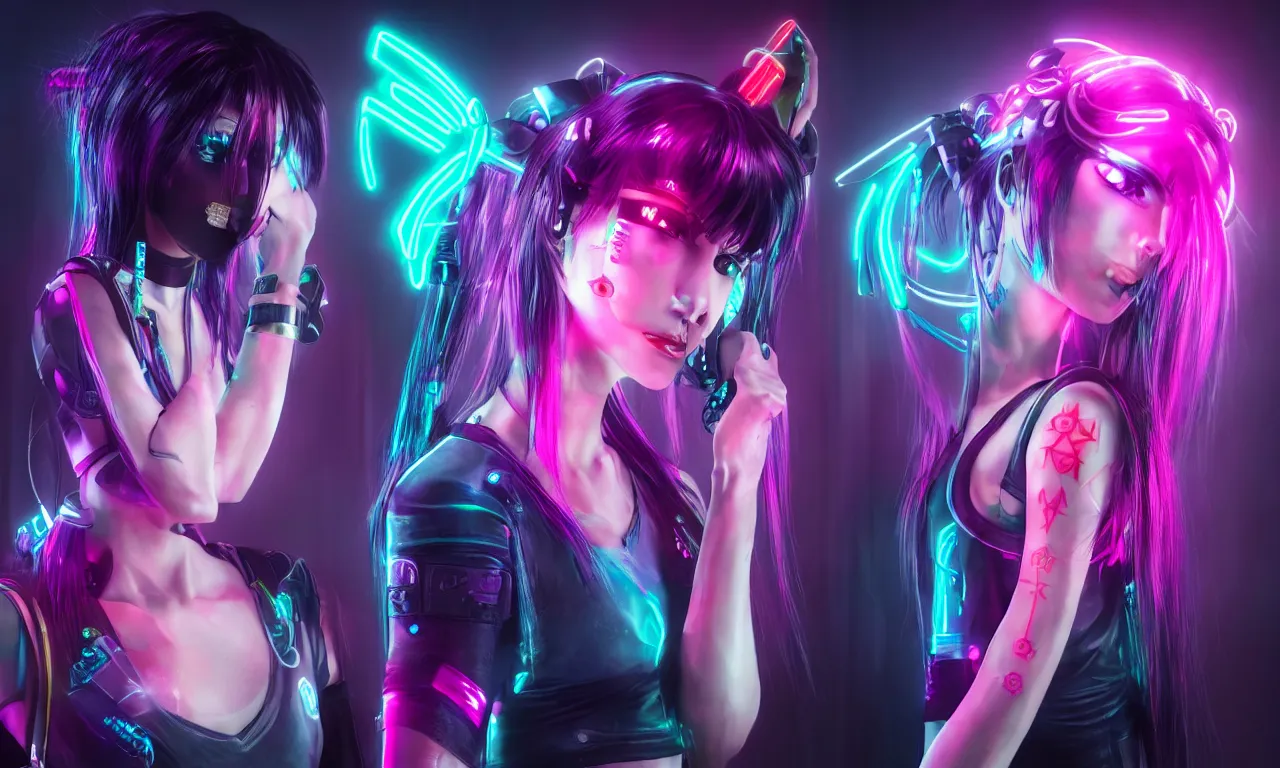 Prompt: neon cyberpunk sailor moon with arm tattoos, 1 / 4 headshot, cinematic lighting, dystopian scifi gear, gloomy, profile picture,