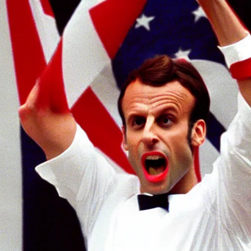 Prompt: Emmanuel Macron dancing in American Psycho (1999)