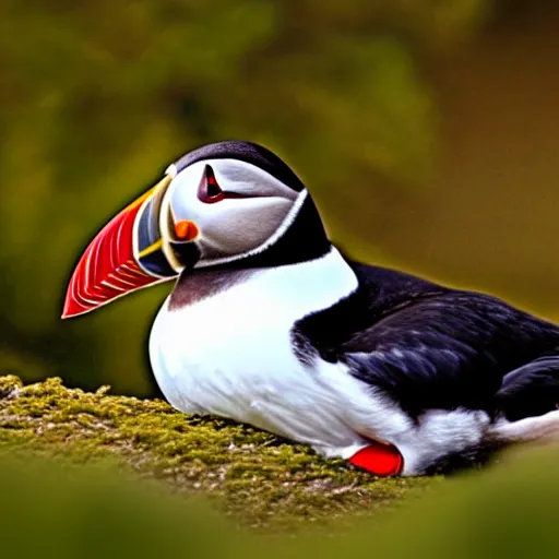 Image similar to puffin sleeping in an oversized bed, sunset