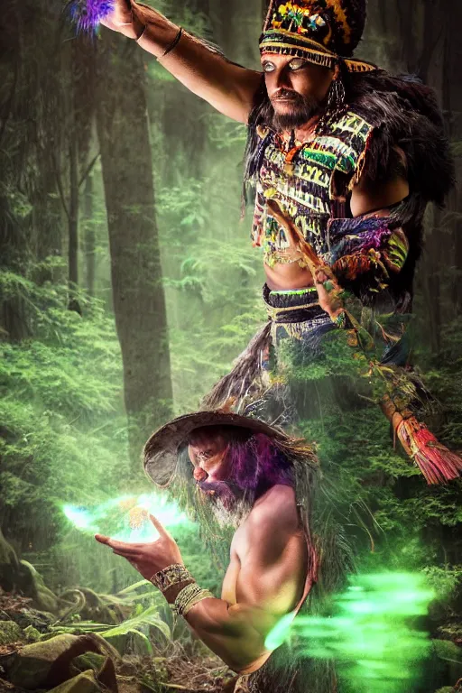 Image similar to photorealistic photo of an aztec sorcerer casting a powerful spell in a dark forest, ultra hd, hd, 4 k, highly detailed, small details, vaporwave colors, faded effect, 9 0 s vibe, detailed face, perfect face, realistic, national geographic cover,