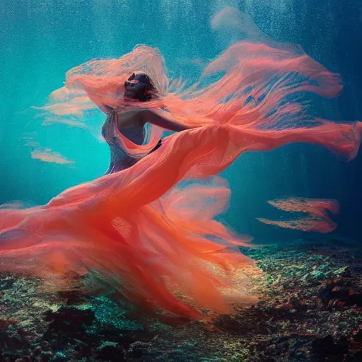 Prompt: woman dancing and spinning underwater in a blur of color wearing a long dress made of many layers of translucent golden fabrics flowing in the fast current, coral sea bottom, swirling schools of silver fish, bubbles, swirling smoke shapes, octane render, caustics lighting from above, cinematic