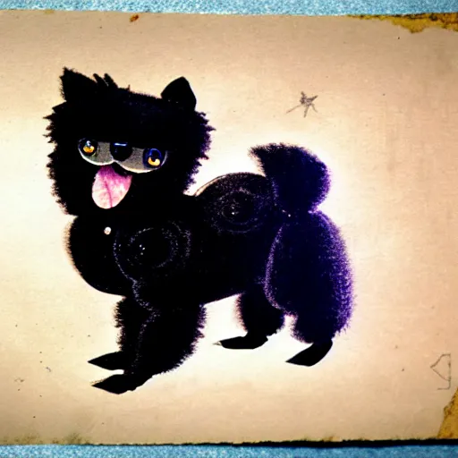 Image similar to a cute black robot pomeranian!!!. ( ( ( alcohol ink on parchment, muted colors, shading!!!, detailed, textured parchment background, 1 9 5 0 s concept art ) ) )