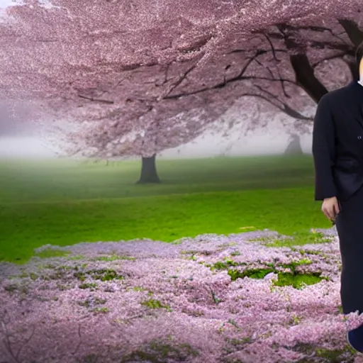 Prompt: photograph of an astronaut wearing a black suit in the middle of a cherry blossom eden, foggy, atmospheric