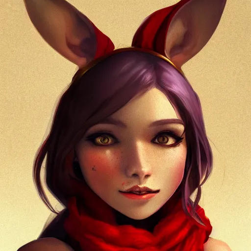 Image similar to Yordle Female portrait, Red Scarf, hatched ear, golden earring, Earnest, diminutive by Horace Hsu, Tony Sart highly detailed, digital illustration, concept art, dramatic lighting