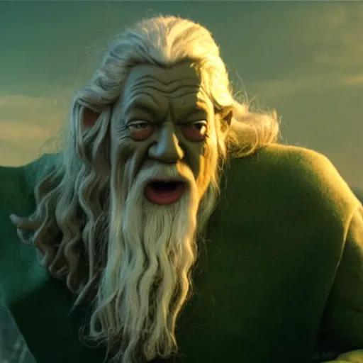 Prompt: film still of gandalf starring as the hulk, claymation, 8 k, hyperdetalied, cgsociety