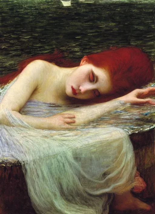 Prompt: lady of shallot as ophelia, underwater shot, submerged, medium shot, on the bed of the river, portrait by john william waterhouse, rosetti, monet, william holman hunt, 8 k
