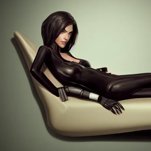 Image similar to female android relaxing on sofa, dark, elegant, by Alessandra Ambrosio, rich deep color scheme, artstation, detailed illustration