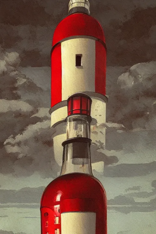 Image similar to imagine a ship in a bottle but instead of a ship there is a red and white lighthouse inside the bottle, very fancy whiskey bottle, masterpiece painting by greg rutkowski and jakub rebelka