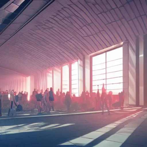 Image similar to futuristic hall with a lot of people, crisp, artstation, luxury, beautiful, dim painterly volumetric aquatic sunset lighting, 3 d concept art