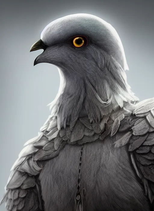 Prompt: A fantasy comic book style portrait painting of a gray pigeon with white eyes as a warrior in a atmospheric dark nest made of cannabis, unreal 5, DAZ, hyperrealistic, octane render, RPG portrait, ambient light, dynamic lighting