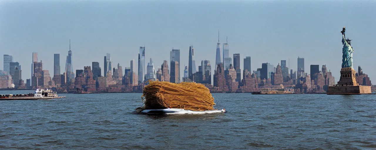 Image similar to a ship transporting spaghetti in new york's hudson river, the statute of liberty in the background, canon 8 0 mm, photography, film, kodachrome