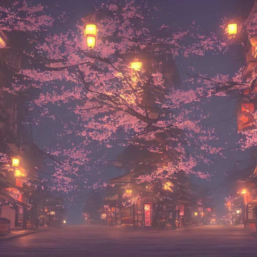 Image similar to Japanese street at night, cherry blossom petals, highly detailed, 3D render, digital art, artstation, 8K photography, matte photo-realistic, vivid colors, moody cool temperature, by Hayao Ghibli Miyazaki, breath of the wild style