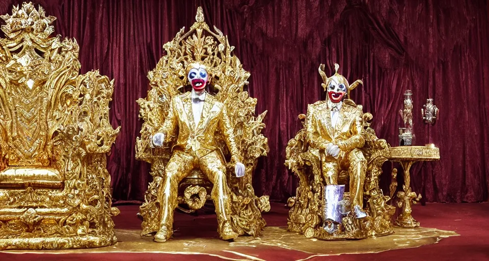 Prompt: shining majestic throne made of millions of diamonds, gold and zaphires with thousands of light reflections, and a stupid clown on a suit is sitting on the throne while handing a globe, 4 k