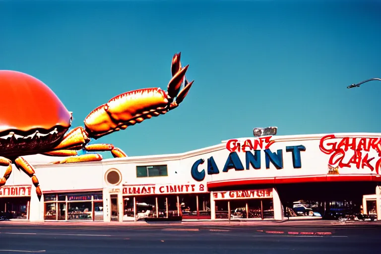 Image similar to 2 0 1 5 giant crab terrorizing a city, googie architecture, americana, fishcore, exterior photography, hd 8 k, photography cinestill