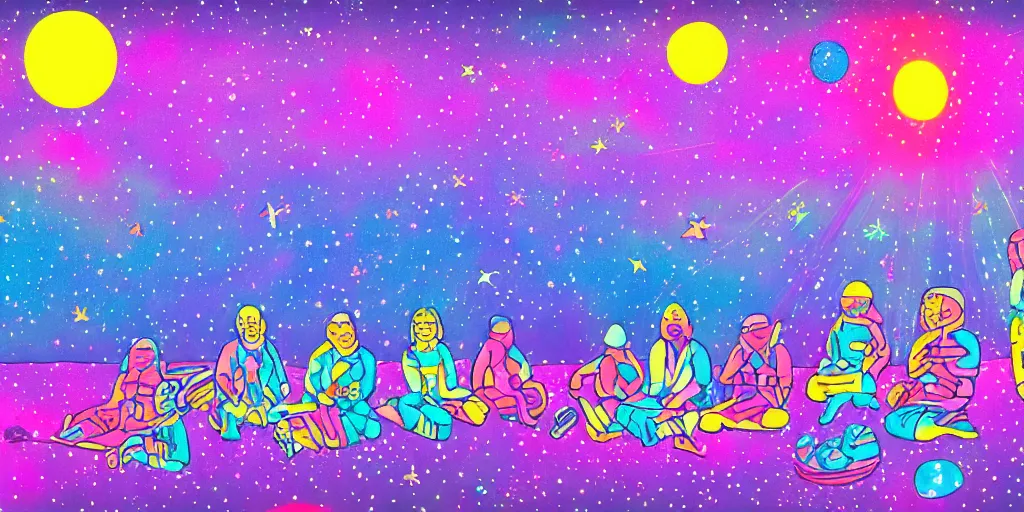 Image similar to twelve astronauts sitting by the river with a big holiday cake + psychedelic vegetation + purple, pink, blue + planets and stars + mystical fog, super detail, high quality