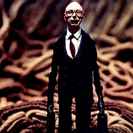 Image similar to claymation klaus schwab by jan svankmajer, hyperrealistic, very detailed, tim burton, 3 5 mm film still, gothic, horror, eldritch