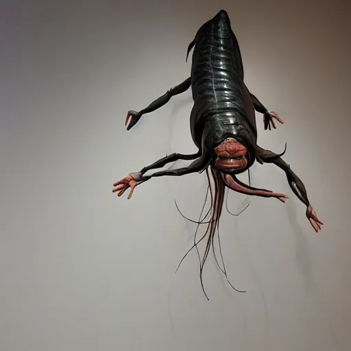 Image similar to praying man fish chimera, ron mueck masterpiece in exhibition